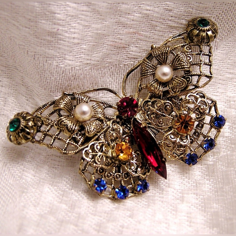Vintage Filigree Rhinestone Butterfly Brooch